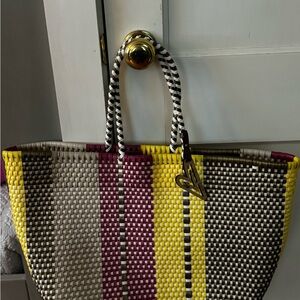 Elegant Woven Tote Bag in Yellow, Brown, and Cream